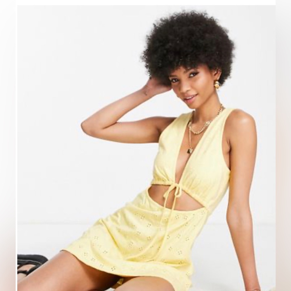 ASOS Design Halter Eyelet V Neck CutOut Design Lemon Yellow Mini Dress  NWT!!